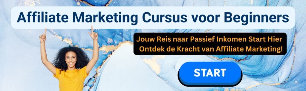 Headerafbeelding met een blauwe achtergrond, een gloeiende pijl omhoog, eurotekens, een laptop en een gloeilamp die de reis naar succes symboliseren in een affiliate marketing cursus voor beginners.